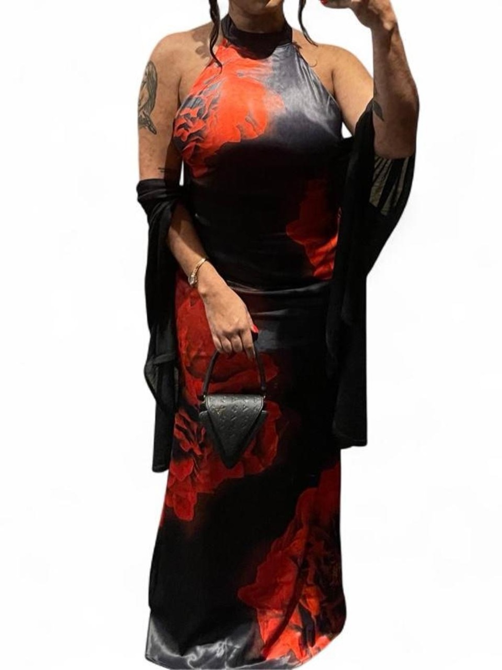 Red & Black Halter Floral Maxi Dress with Shawl